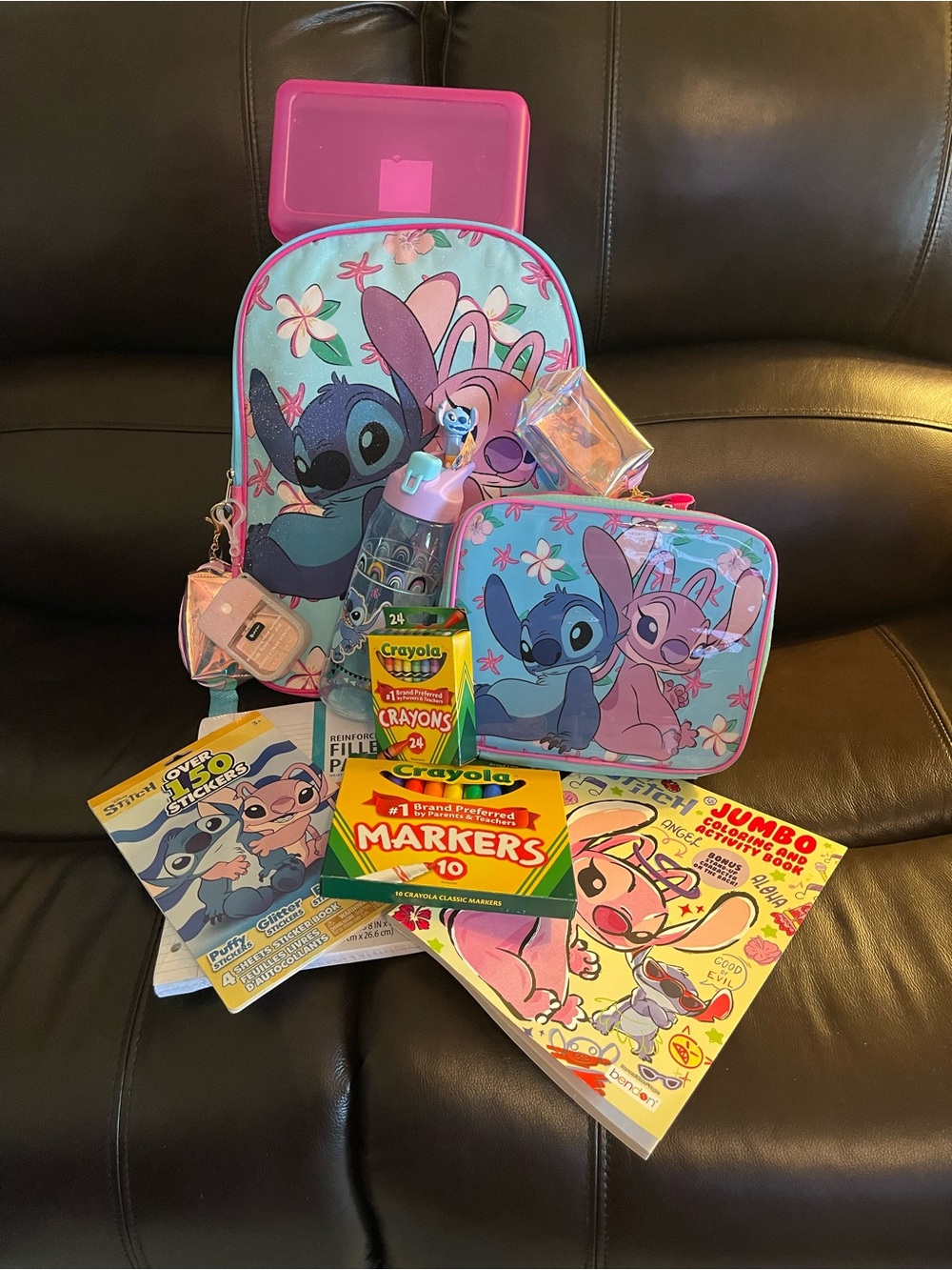 Disney Lilo and Stitch backpack bundle with pink and blue characters and flowers